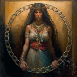 The virgin warrior goddess Anat stands bound in a circular chain of iron links. She wears a flowing white dress with a red sash around the middle, gold jewelry, and a flowered crown. She stares straight at you, waiting to be unbound.