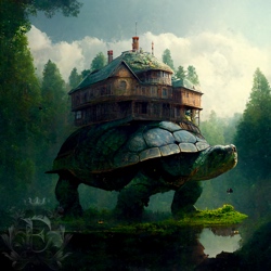 A huge atlasian tortoise stands on a marshy island in a pond. On its back is the Tipsy Tortoise Tavern, a rickety old inn and boarding house.