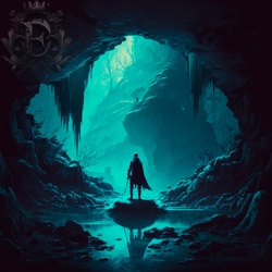 A lone caped adventurer with a sword stands in front of a pool of water in a cool, dark cave, looking out at a hidden canyon beyond the mine.