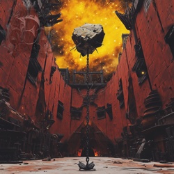 A large lodestone floats in the air, tethered to the floor of the celestial forge by a heavy chain. Tall red walls open to a starry sky above the anvils and smelters of the forge.