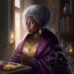 High Sorcerer Celiya, dressed in purple, creates a magical object in the shape of a golden apple.