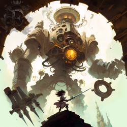 A lone adventurer with a very big sword stands on a rooftop in front of the clockwork colossus, a towering brass and iron monstrosity animated by gears and powered by a fire in its belly. Below the colossus, spires of buildings barely reach its knee.
