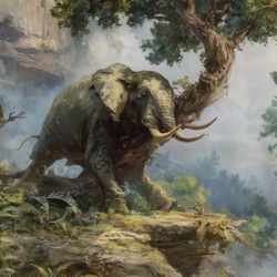 An elephant uses her weight to push over a viney tree against a misty jungle landscape.