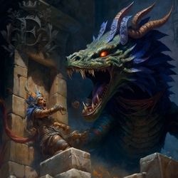 An enormous serpent with a green face, a blue feathered mane, and red and turquoise arms surprises a rogue in blue and orange armor inside a stone temple. It doesn't look good for the rogue.