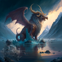 An enormous dragon with a thick mane, curving pronged horns, shaggy wings, and a toothy beak sits on an icy island in the middle of a frozen lake, beneath a dark stormcloud in a foggy valley.