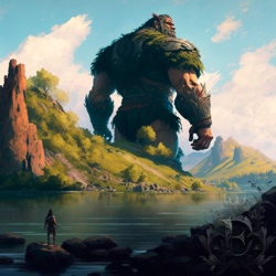 A sky-high giant looms large over the landscape from behind a hill. The giant's armor is mammoth leather, fur, and trees branches. In the foreground, a river curves around the hill and an adventurer stands on a rock, considering their chances against the giant.