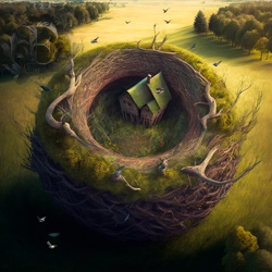 An enormous nest surrounds a damaged house and its yard. The nest is made of tree trunks, grass, and moss. Ordinary birds circle the nest, but it isn't theirs. In the background are plains and forest.