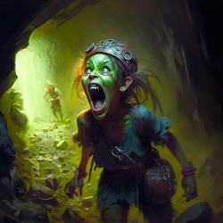 A young goblin, Miner Meena, screams as she flees the mines!