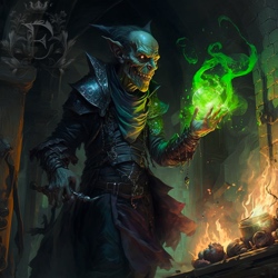 A fiendish goblin with tight skin and skeletal features holds a smouldering ball of green magic in his left hand and a sharp tool in his right hand, in front of burning pots on the fire, in a brick laboratory.