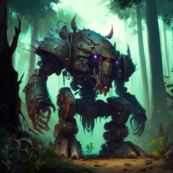 A wooden construct loosely resembling a giant mechanical goblin stands on a forest path. Its eyes glow violet, perhaps indicating a magical power source.