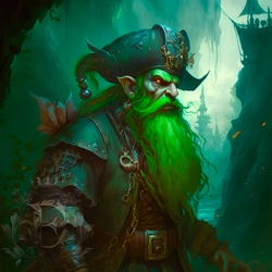 A goblin pirate, Captain Greenbeard, stands in front of his stranded ship near the mouth of a river cave.