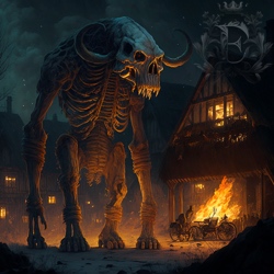 A skeletal mammoth stands in front of a burning home. The mammoth has been loosely reconstructed, standing upright, with its tusks on its head like horns.