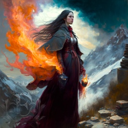 A young woman in a red and white dress stands on a mountain path as her hair -- and the burning flames from her sleeves -- blow in the wind. She seems unaffected by the fire on her sleeves, as if it belongs there.