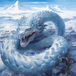 An enormous snake-like beast with ice-blue scales, red eyes, and massive, gleaming teeth coils around the rim of a pit in the icy, snow-covered, barren landscape with mountains on the horizon.