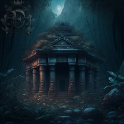 A dark, strange stone temple covered in grass and moss stands in a thick jungle as haze in the air is lit by the moon.