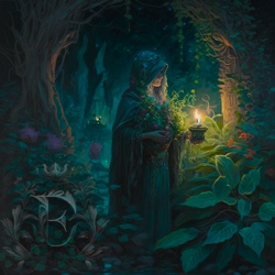 A hooded gardener carries a small lamp through an overgrown garden in front of trees that have grown in a circle.