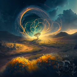 A dirt road leads through grassy plains to a glowing tree with big swirls of magic over it, coming from an enormous whirling vortex.
