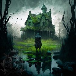 A weary adventurer stands in front of a dilapidated manor house in the swamp