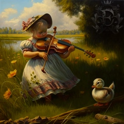 A little girl, Miss Muffet, plays a fiddle that does not belong to her, while sitting near a duckling in a field, in front of a pond.