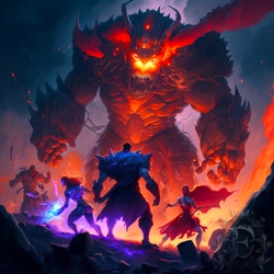 A huge, smouldering red demon faces four brave heroes in the molten fissure.