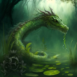 The slender, mossy neck of a muck dragon rises from a swamp.