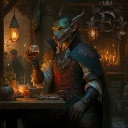 Nostrazak the Incautious, a well-dressed man with dark, leathery skin, dragon horns above his large, pointed ears, blood-red eyes, and a toothy snout, sits at a table in a tavern, drinking a cask-aged ale. In the background, a fire roars in the fireplace as other patrons enjoy the tavern.