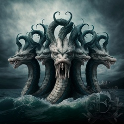 Five strange, serpent-like necks stretch up out of the waves, with fearsome faces and long, sharp teeth.