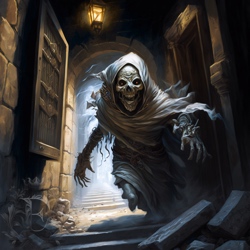 A skeletal man wrapped in old linen cloth reaches ominously toward you in a lamp-lit tomb.