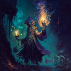 A wizard in a dark purple hood and cloak holds up a burning magical object on the edge of a dark, lantern-lit village. The wizard's other hand holds a lit bundle of herbs and has a metal ball dangling from the wrist.