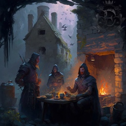Three thieves in leather hoods and armor have dinner at a table by the fire in the ruined remains of some old brick buildings.