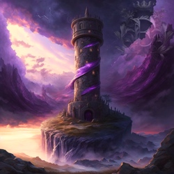 A magnificent stone tower wrapped in violet banners stands on a rocky seaside precipice during a magical storm.