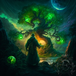 A bald, robed man faces away, toward a large, twisting tree with glowing green fruits. Water separates the man from the tree. In the sky, the moon shines through a magical haze.