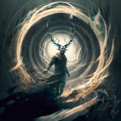 An ethereal, bearded man with long, twisting antlers beckons you into a swirling magical portal.
