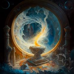 A stone chalice stand on a dais in a stone room. A swirling flame rises from the calice, turning into a blue swirl of water as it spins around a large, vertical golden ring to form a portal. Inside the portal, barely visible, are buildings with candles flickering through the windows.