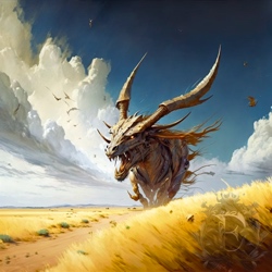 A huge, wingless bull dragon with many long horns gallops down a dusty road through the plains with huge clouds and distant mountains in the background.
