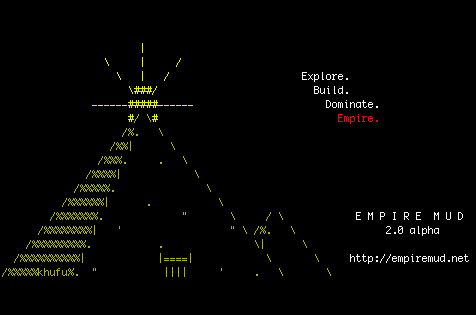 EmpireMUD ASCII art greeting screen showing two pyramids, the sun cresting behind the larger pyramid, and the text Explore. Build. Dominate. Empire.